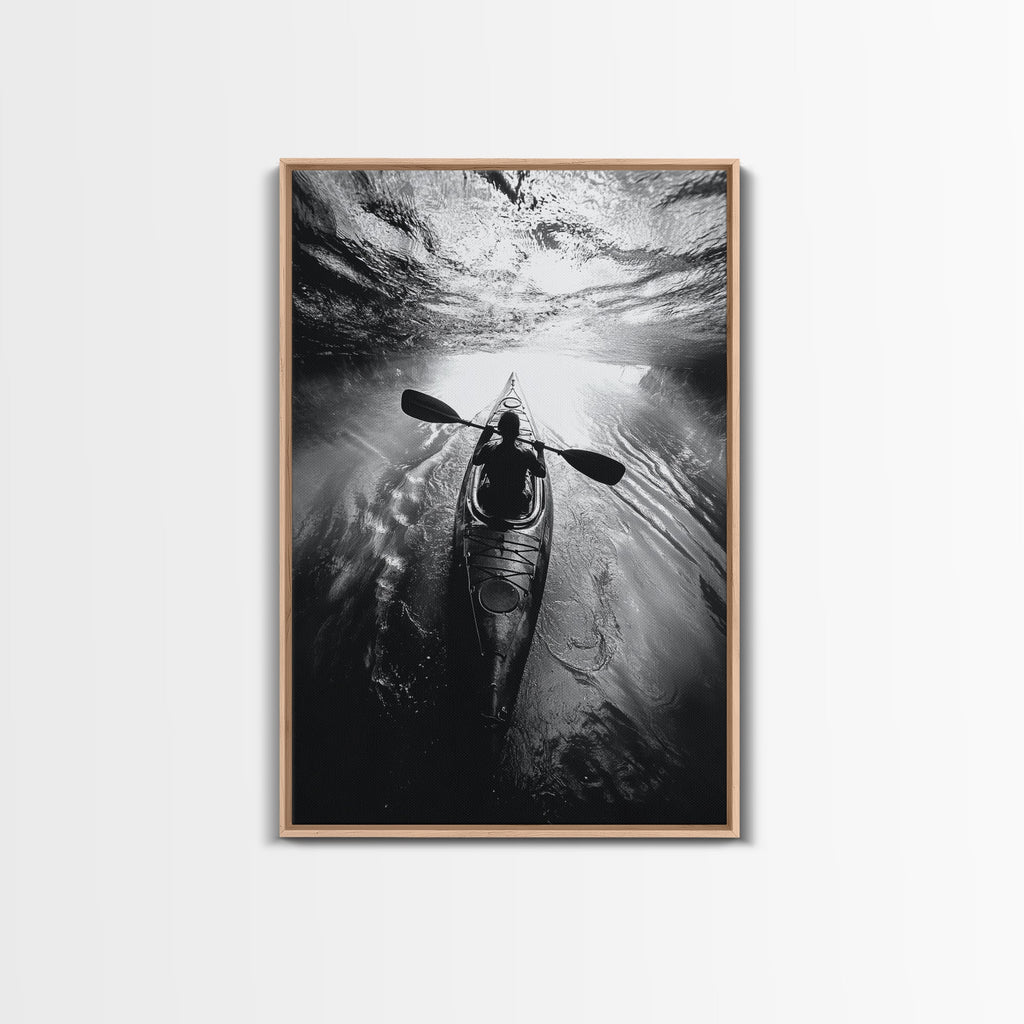 Kayaking Exploration, River Reflections, Adventure Sport, Framed Canvas Print, Office Wall Art, Moody Travel Photography, Nature Wall Decor