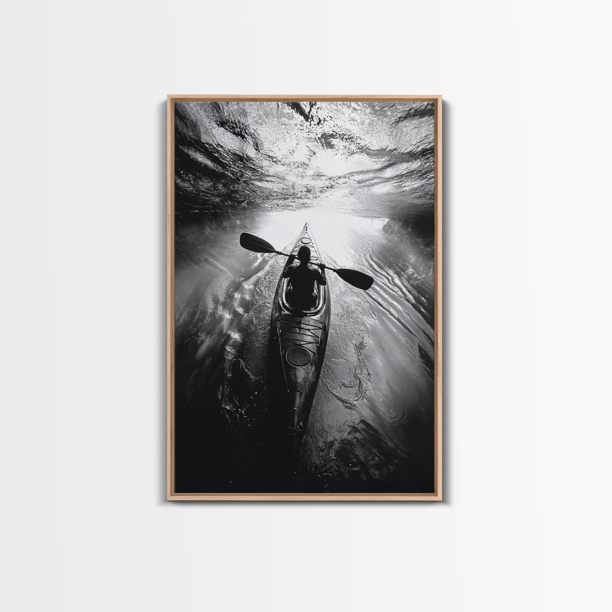 Kayaking Exploration, River Reflections, Adventure Sport, Framed Canvas Print, Office Wall Art, Moody Travel Photography, Nature Wall Decor