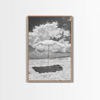 Beach Umbrella, Sunny Escape, Coastal Cloudscape, Framed Canvas Print, Summer Vibe Wall Art, Outdoor Living Decor, Travel Mood