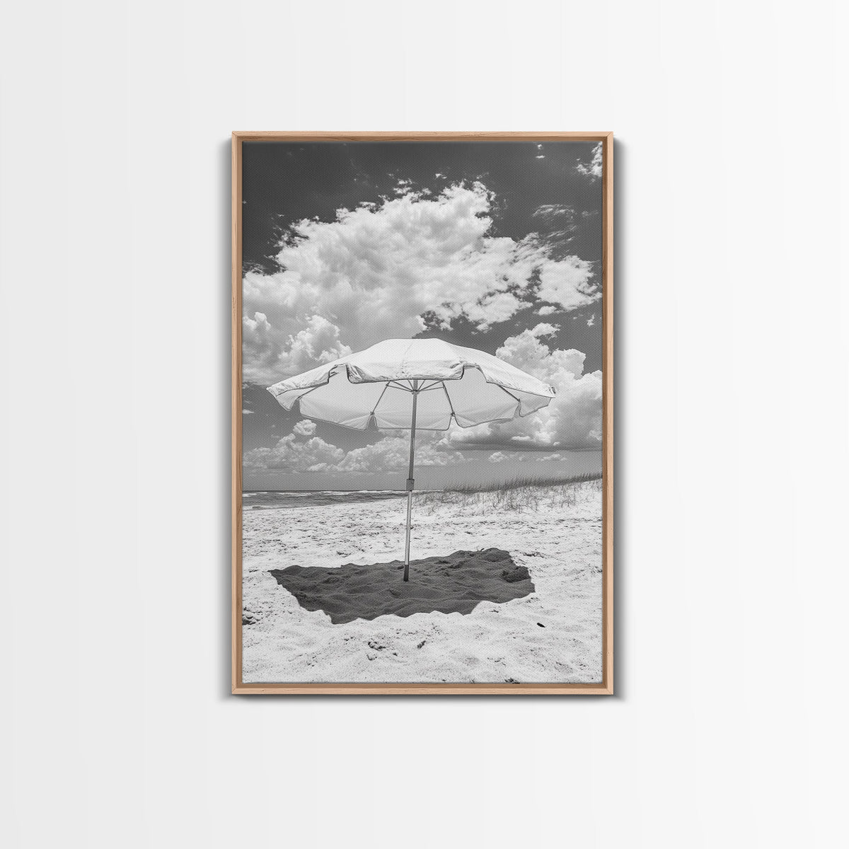 Beach Umbrella, Sunny Escape, Coastal Cloudscape, Framed Canvas Print, Summer Vibe Wall Art, Outdoor Living Decor, Travel Mood