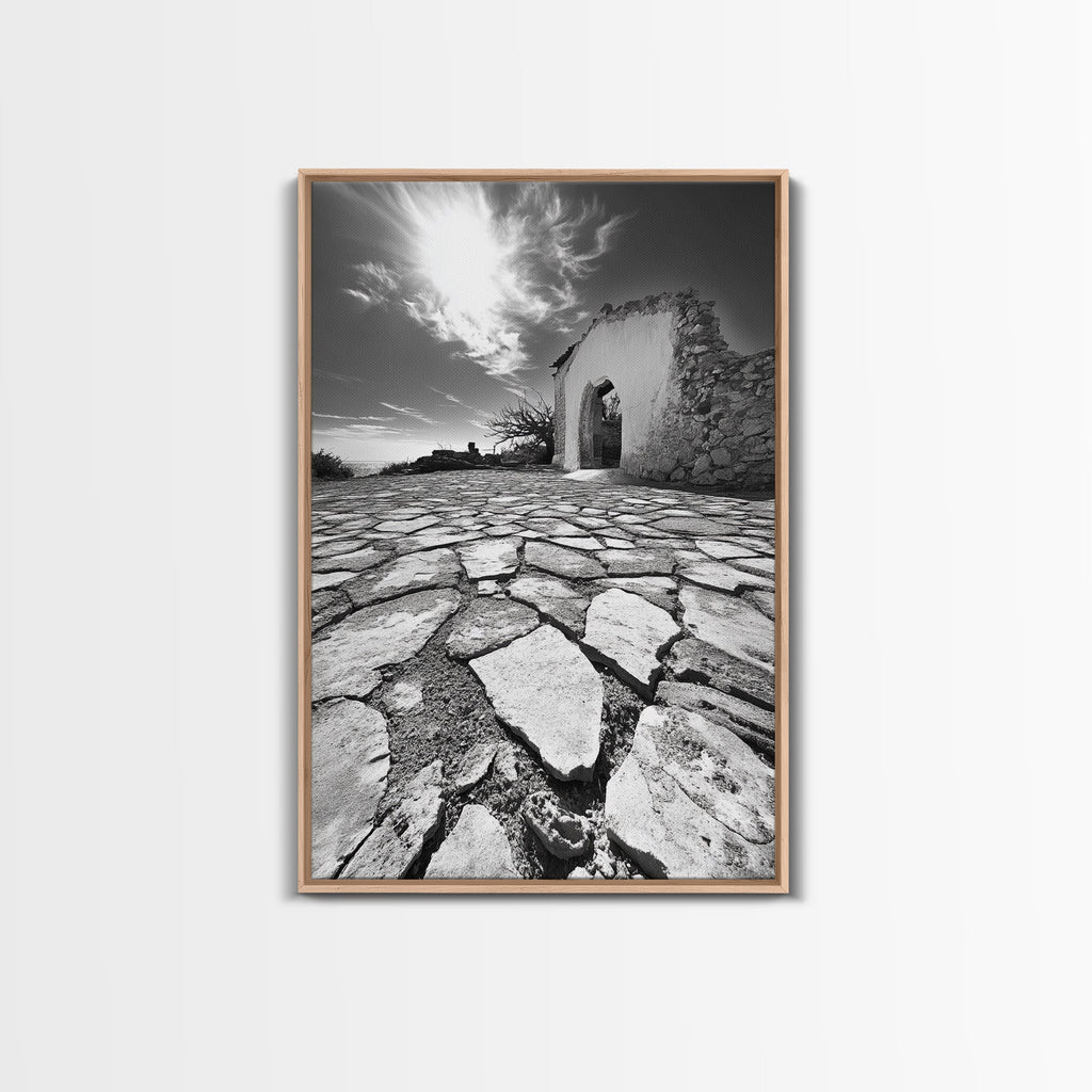 Desert Archway, Stone Ruins, Sunny Sky, Canvas Print, Rustic Travel Wall Art, Mediterranean Decor, Minimalist Earthy Aesthetic
