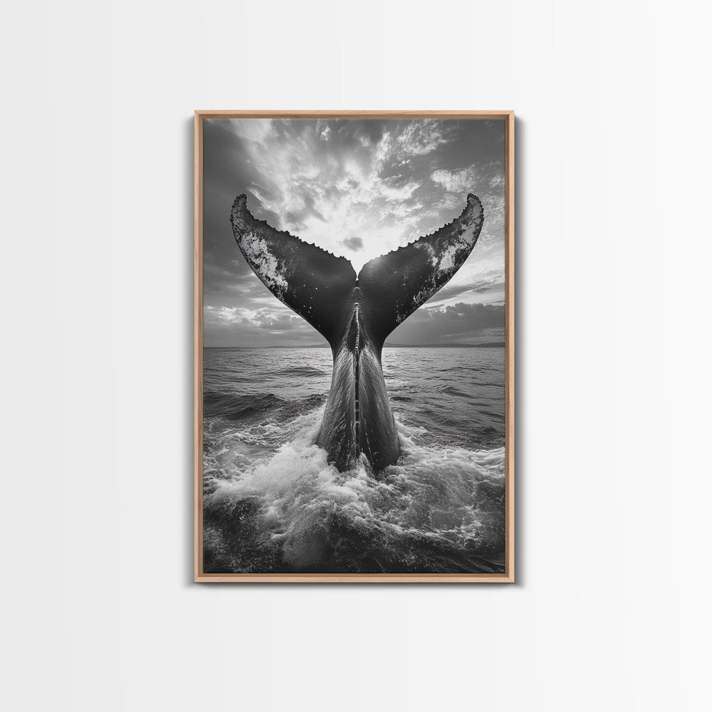 Whale Tail Splash, Ocean Sunset, Marine Majesty, Powerful Moment, Framed Canvas Print, Nautical Art, Coastal Living Room Decor