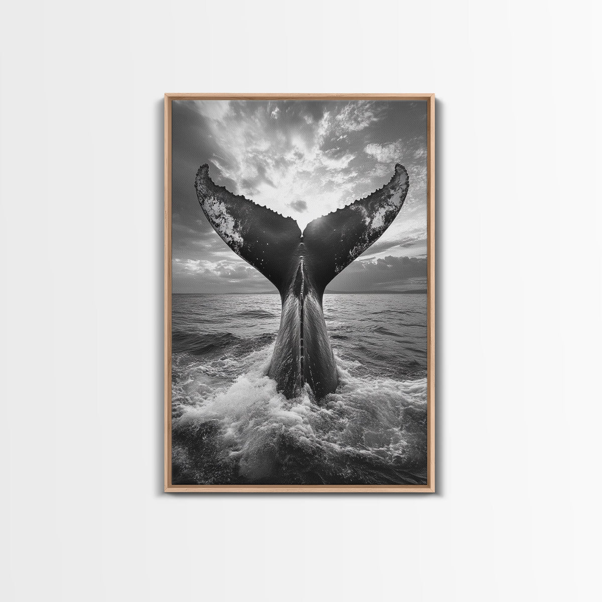 Whale Tail Splash, Ocean Sunset, Marine Majesty, Powerful Moment, Framed Canvas Print, Nautical Art, Coastal Living Room Decor