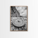 Compass On Cliff, Adventure Travel Art, Nautical Wall Decor, Framed Canvas Print, Rustic Office Art, Nature Explorer Gift Idea