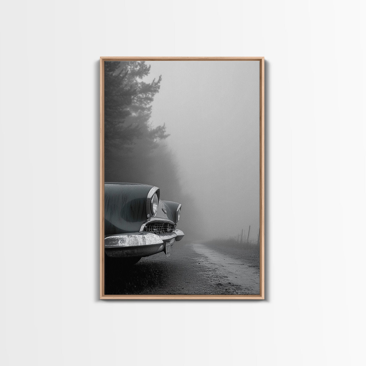 Vintage Car, Foggy Road, Moody Drive Aesthetic, Canvas Print, Industrial Retro Wall Art, Garage Office Decor, Monochrome Travel Art
