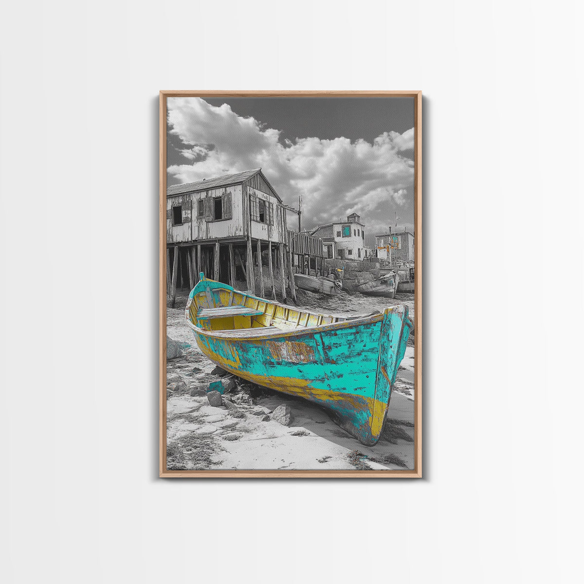 Rustic Boat, Coastal Village, Vintage Shore, Seaside Scene, Framed Canvas Print, Nautical Wall Art, Cottage Decor, Seaside Living