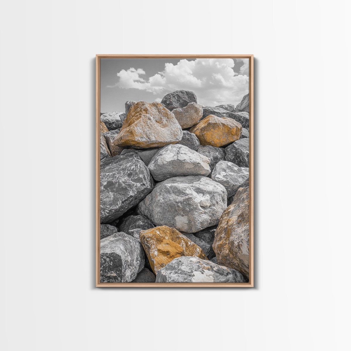 Golden Boulders, Earthy Texture, Nature Stones, Framed Canvas Print, Industrial Office Wall Art, Minimalist Landscape, Rock Photography