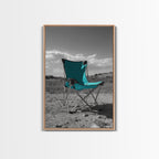 Teal Camp Chair, Outdoor Minimalism, Desert Art, Canvas Print, Camping Wall Decor, Nature Photo, Rustic Retreat, Cabin Wall Art