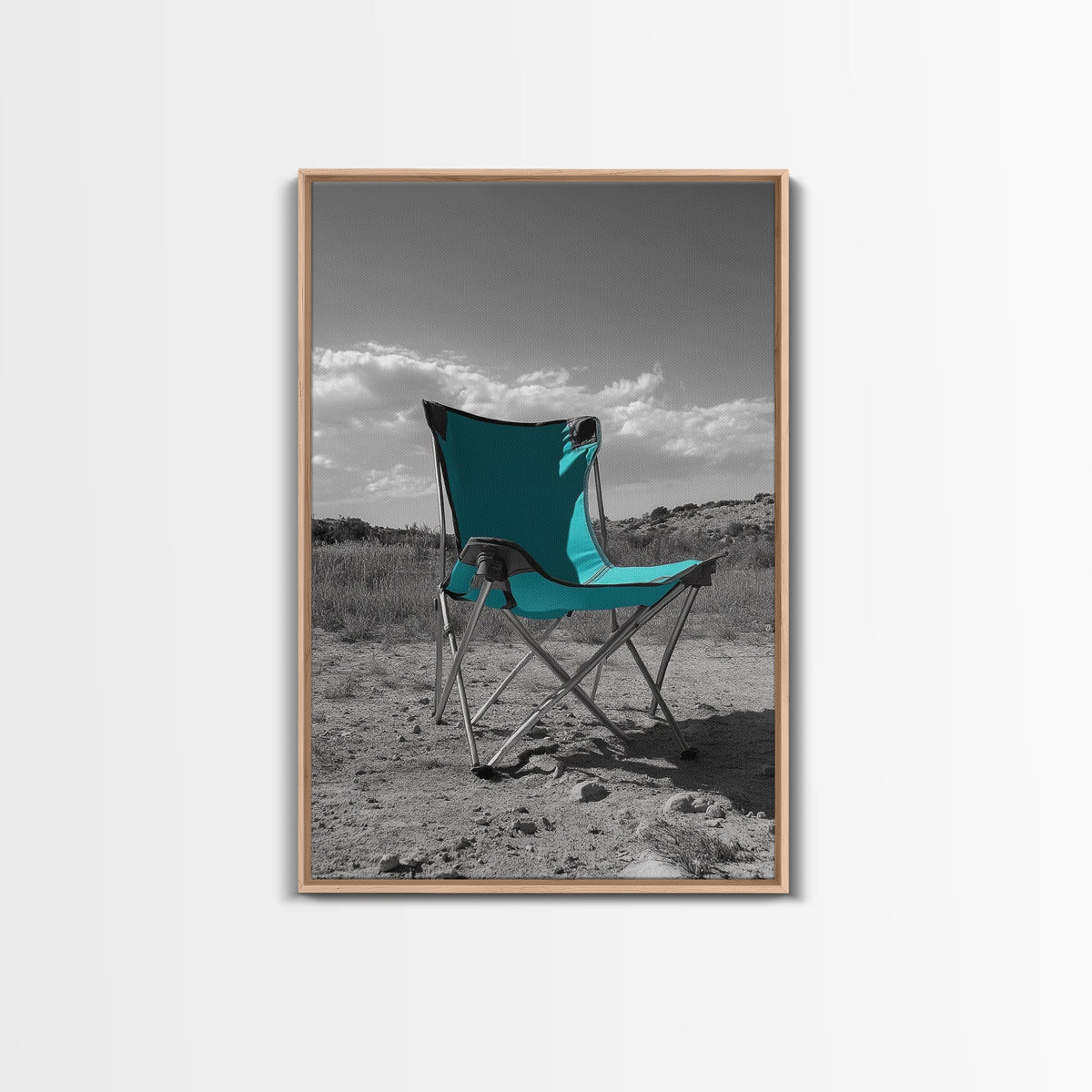 Teal Camp Chair, Outdoor Minimalism, Desert Art, Canvas Print, Camping Wall Decor, Nature Photo, Rustic Retreat, Cabin Wall Art