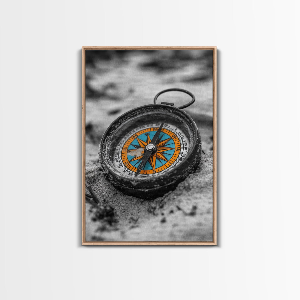 Vintage Compass, Sand Texture, Adventure Theme, Travel Decor, Framed Canvas Print, Boho Wall Art, Study Room Decor, Explorer Gift