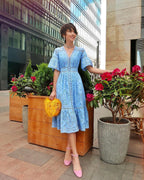 Summer Women Clothing V Neck Short Sleeve Hollow Out Cutout Single Breasted Lace Dress
