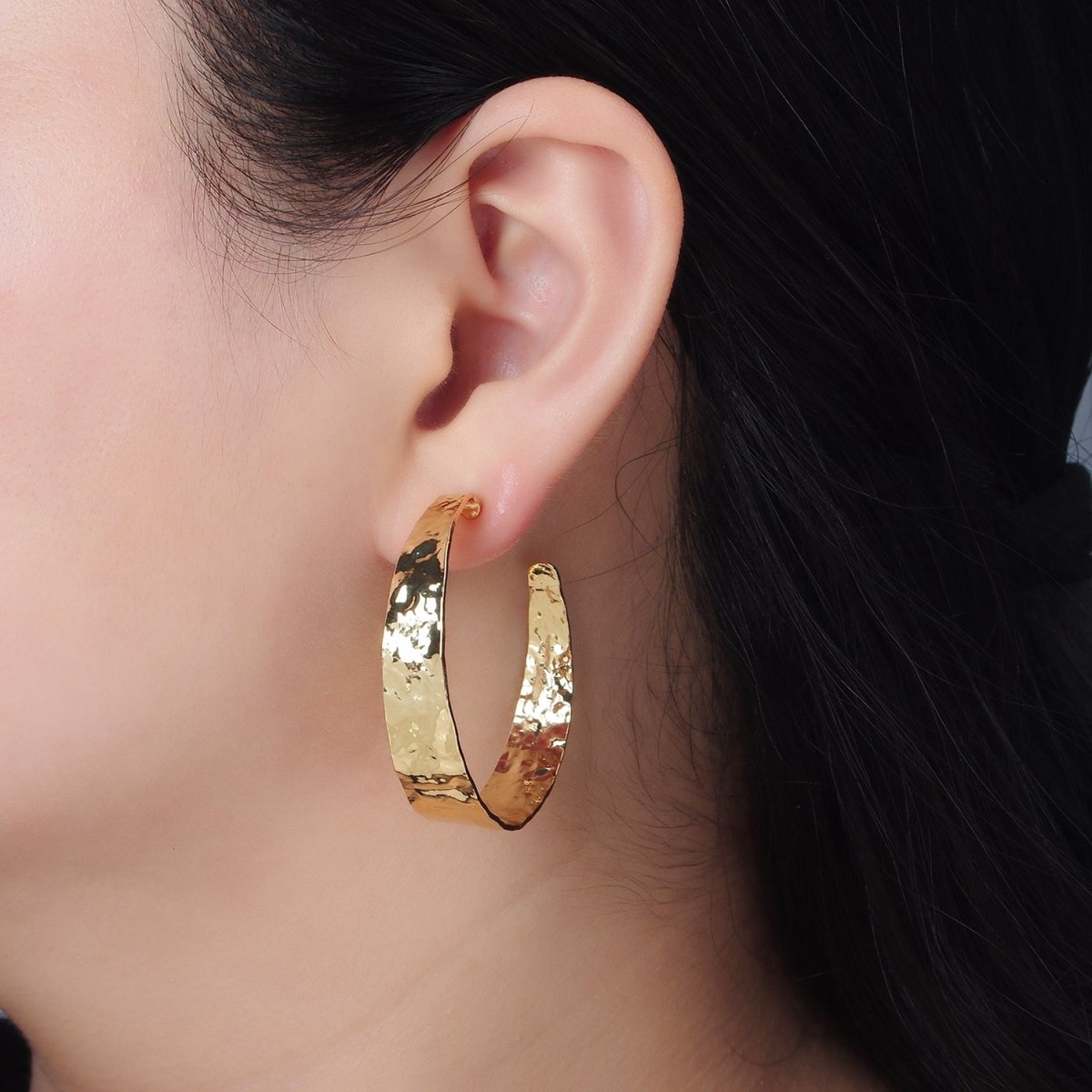 14K Gold Filled 40mm Wide Hammered C-Shaped Hoop Earrings | AD636