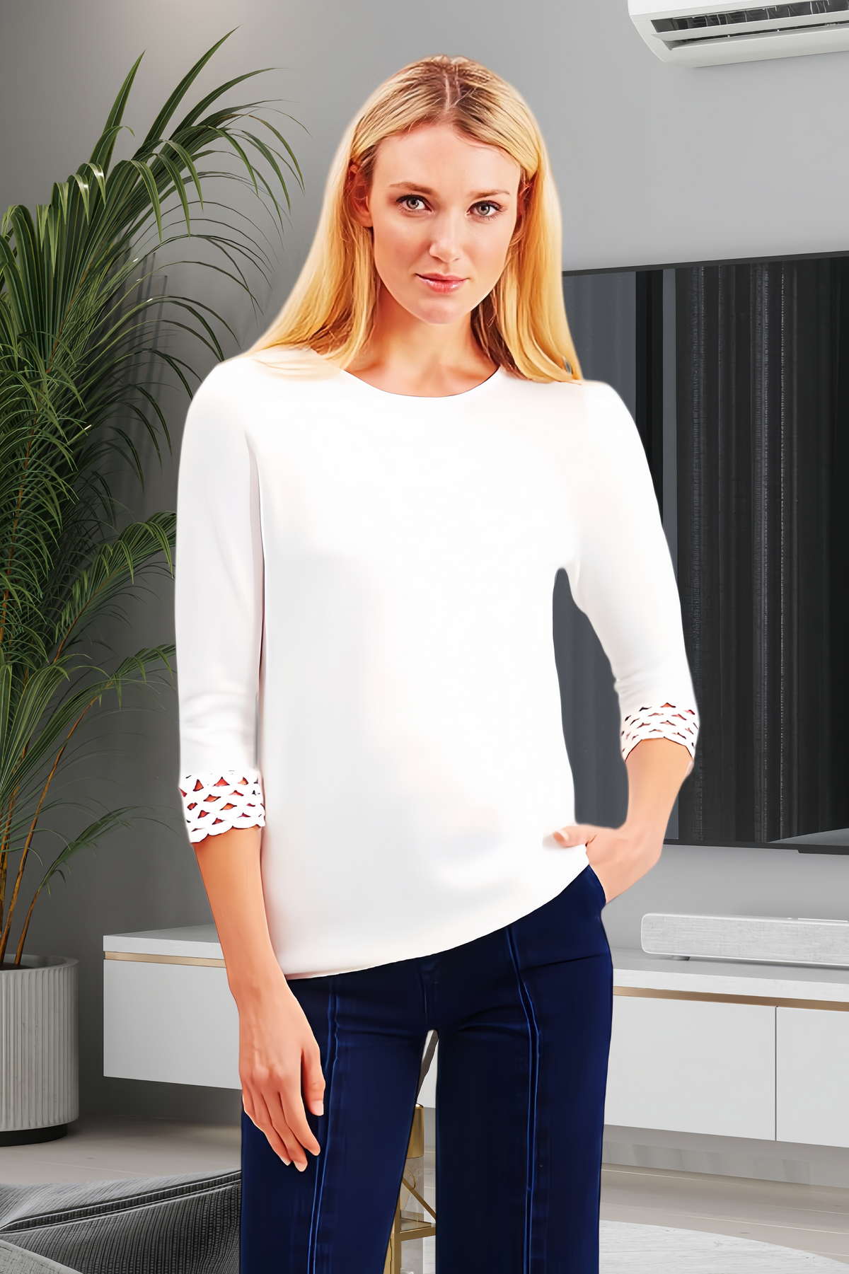 Pima Cotton Long Sleeve Top with Lace Cuff Detaile #194306