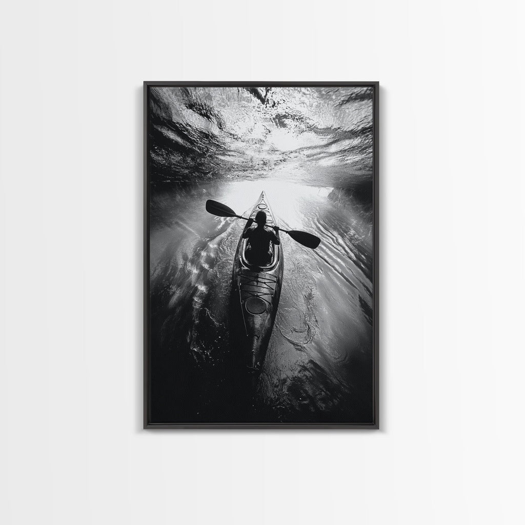 Kayaking Exploration, River Reflections, Adventure Sport, Framed Canvas Print, Office Wall Art, Moody Travel Photography, Nature Wall Decor