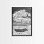 Beach Umbrella, Sunny Escape, Coastal Cloudscape, Framed Canvas Print, Summer Vibe Wall Art, Outdoor Living Decor, Travel Mood