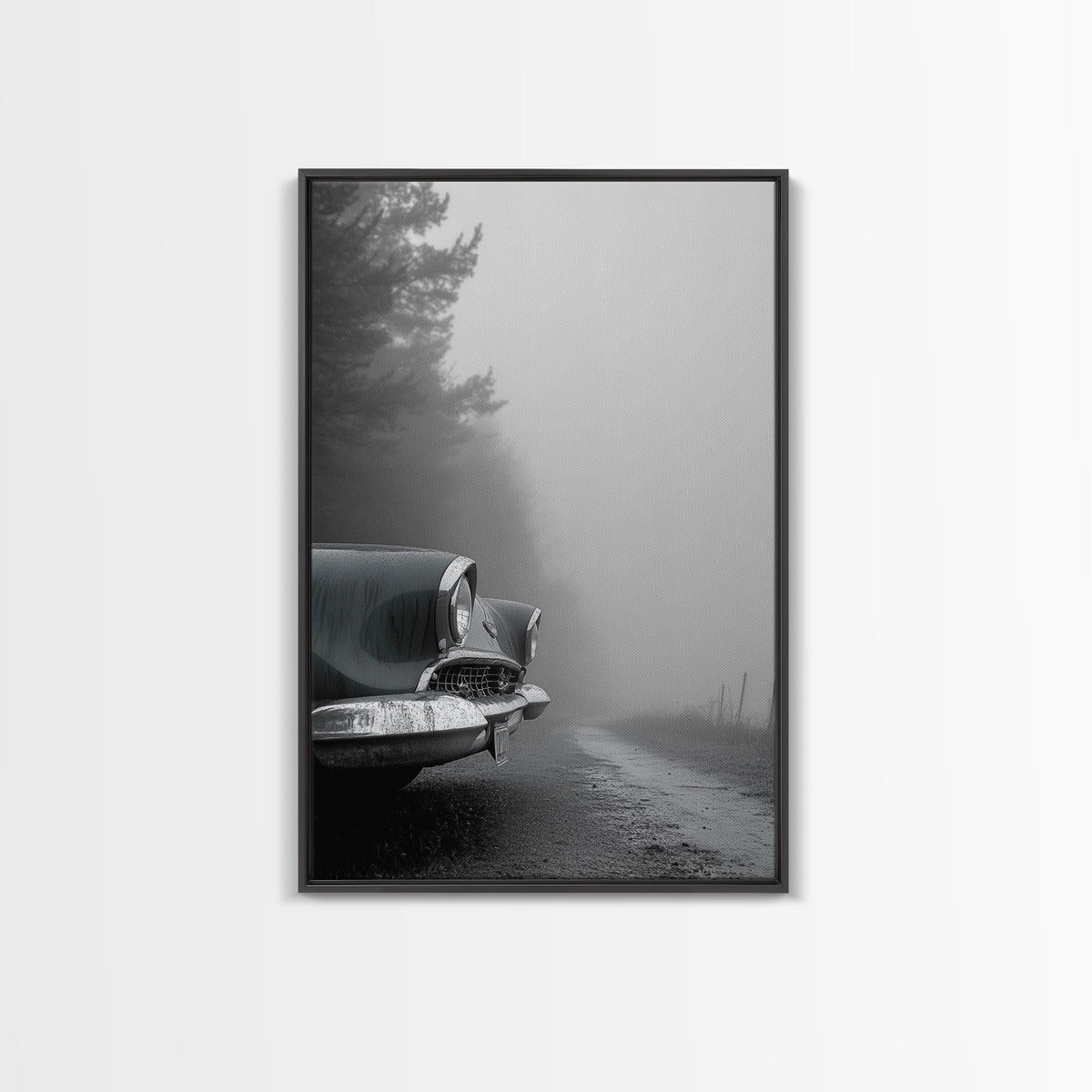 Vintage Car, Foggy Road, Moody Drive Aesthetic, Canvas Print, Industrial Retro Wall Art, Garage Office Decor, Monochrome Travel Art