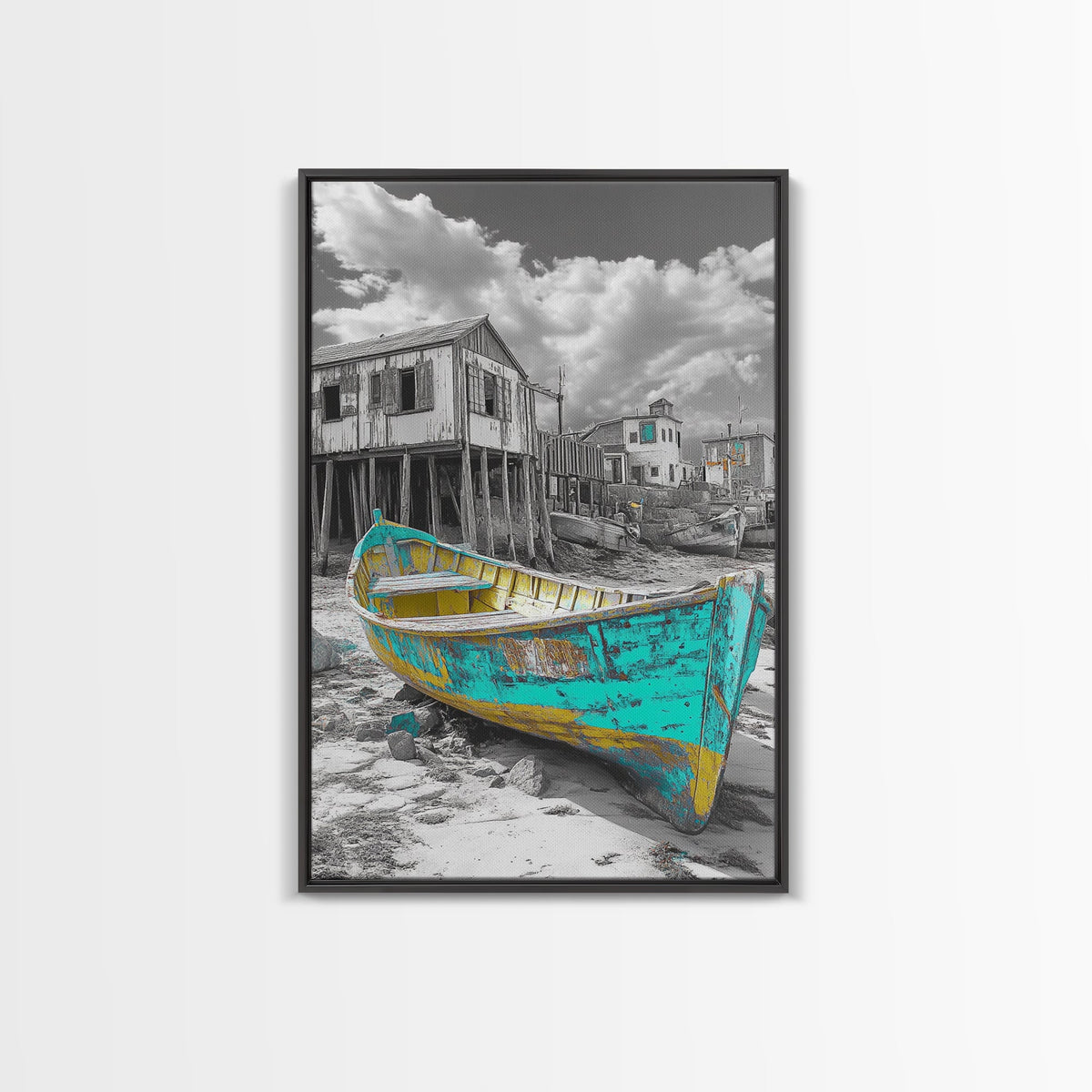 Rustic Boat, Coastal Village, Vintage Shore, Seaside Scene, Framed Canvas Print, Nautical Wall Art, Cottage Decor, Seaside Living