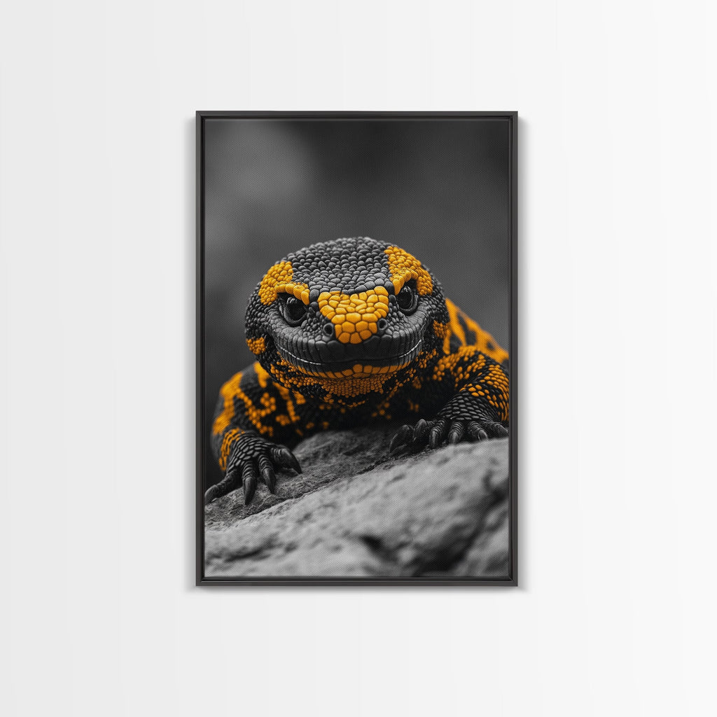 Lizard Close Up, Yellow and Black, Reptile Macro, Framed Canvas Print, Nature Photography, Animal Art, Man Cave Wall Art, Wildlife Decor
