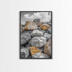 Golden Boulders, Earthy Texture, Nature Stones, Framed Canvas Print, Industrial Office Wall Art, Minimalist Landscape, Rock Photography