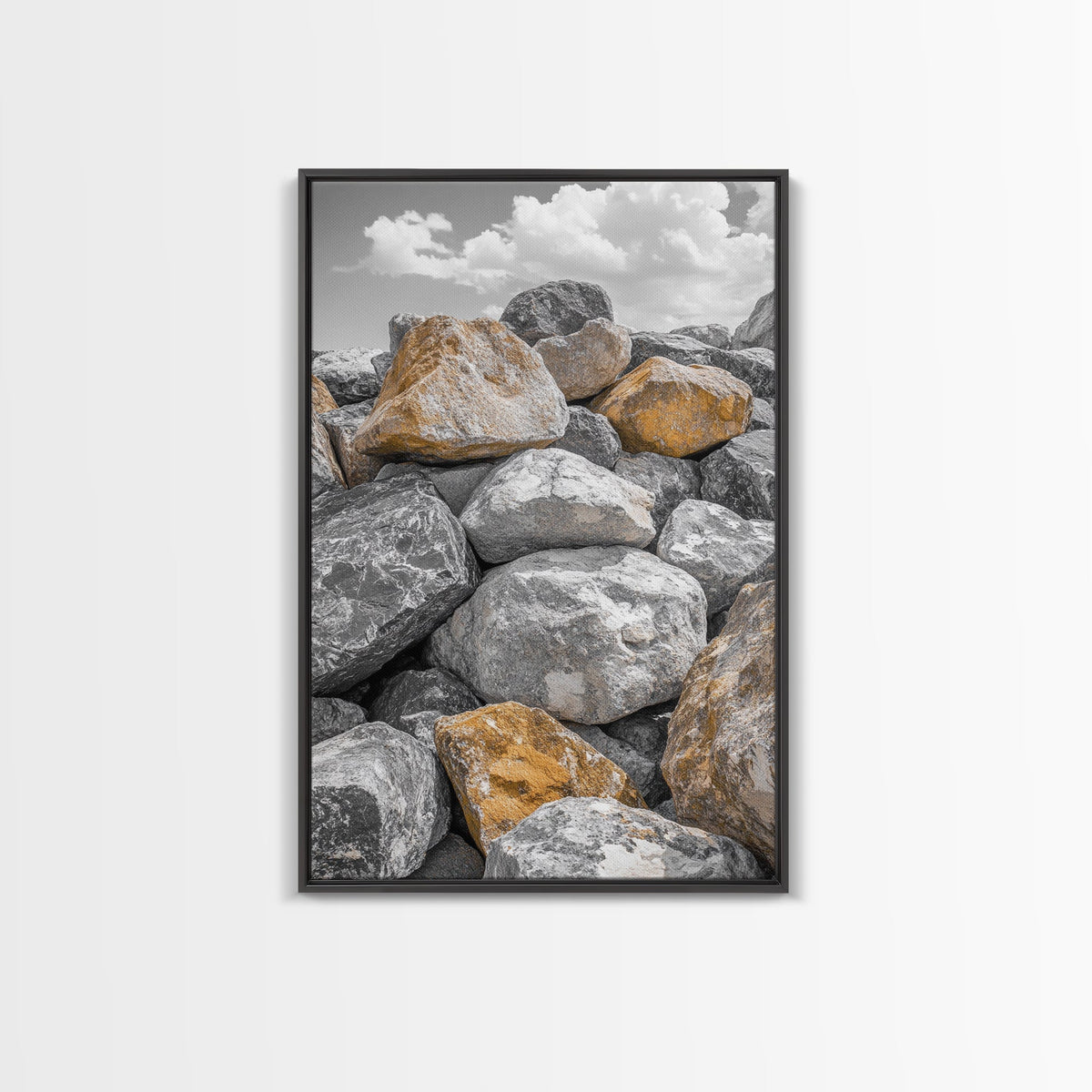 Golden Boulders, Earthy Texture, Nature Stones, Framed Canvas Print, Industrial Office Wall Art, Minimalist Landscape, Rock Photography