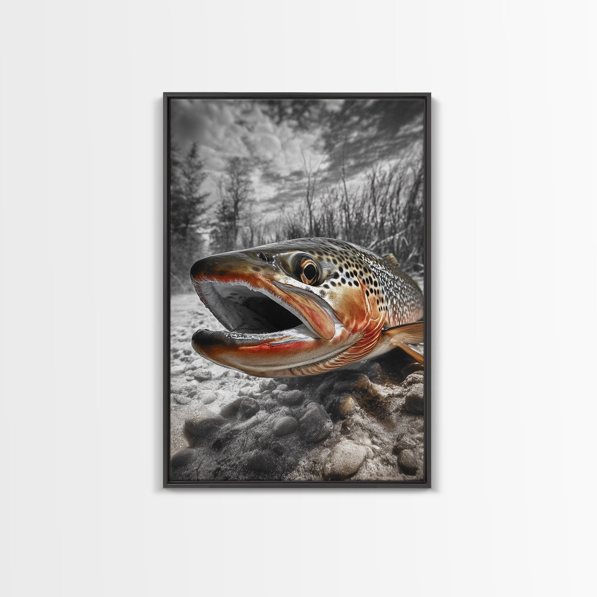 Brown Trout Closeup, Riverbed Focus, Dramatic Fish Art, Framed Canvas Print, Fisherman Gift, Cabin Wall Art, Rustic Outdoor Decor