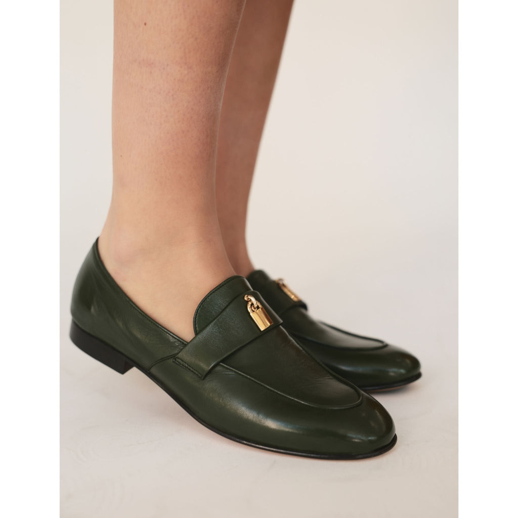 Black Leather Lock Flat Loafer
