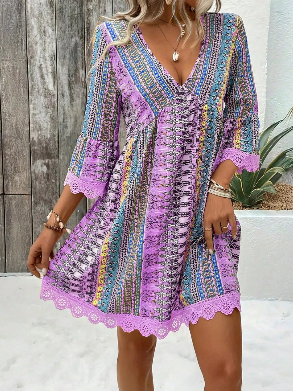 Printed V-Neck A-Line Dress