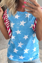 Vintage Star Print Striped Ruffle Sleeve Independence Day Top