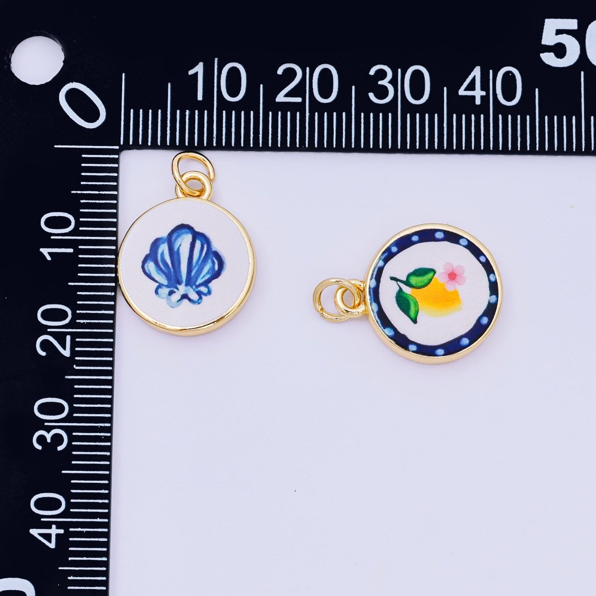 24K Gold Filled 18mm Enamel Art Beach Theme Charm in Palm Tree, Crab, Heart, Lemon, Crab, Sea Shell and Ribbon Bow | AJ-515 AJ-517 AJ-519 AJ-521 AJ-531 AJ-538 AJ-541 AJ-542 AJ-543 AJ-548