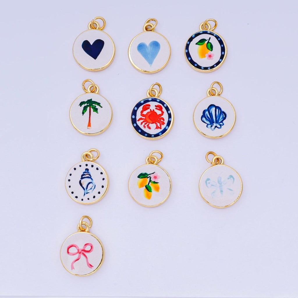 24K Gold Filled 18mm Enamel Art Beach Theme Charm in Palm Tree, Crab, Heart, Lemon, Crab, Sea Shell and Ribbon Bow | AJ-515 AJ-517 AJ-519 AJ-521 AJ-531 AJ-538 AJ-541 AJ-542 AJ-543 AJ-548