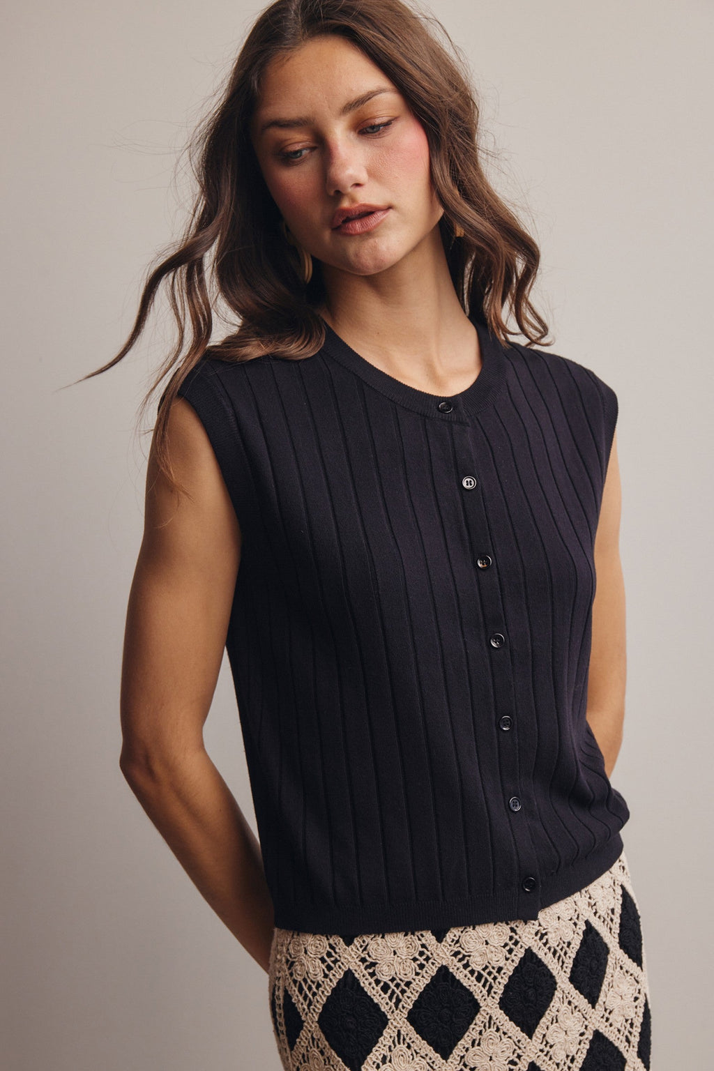 Ribbed Button-Front Knit Tank: Black