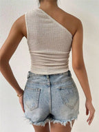 Asymmetrical One-Shoulder Waffle Knit Tank