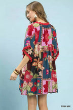 Umgee Abstract Print V-Neck Mini Dress