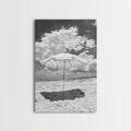 Beach Umbrella, Sunny Escape, Coastal Cloudscape, Framed Canvas Print, Summer Vibe Wall Art, Outdoor Living Decor, Travel Mood
