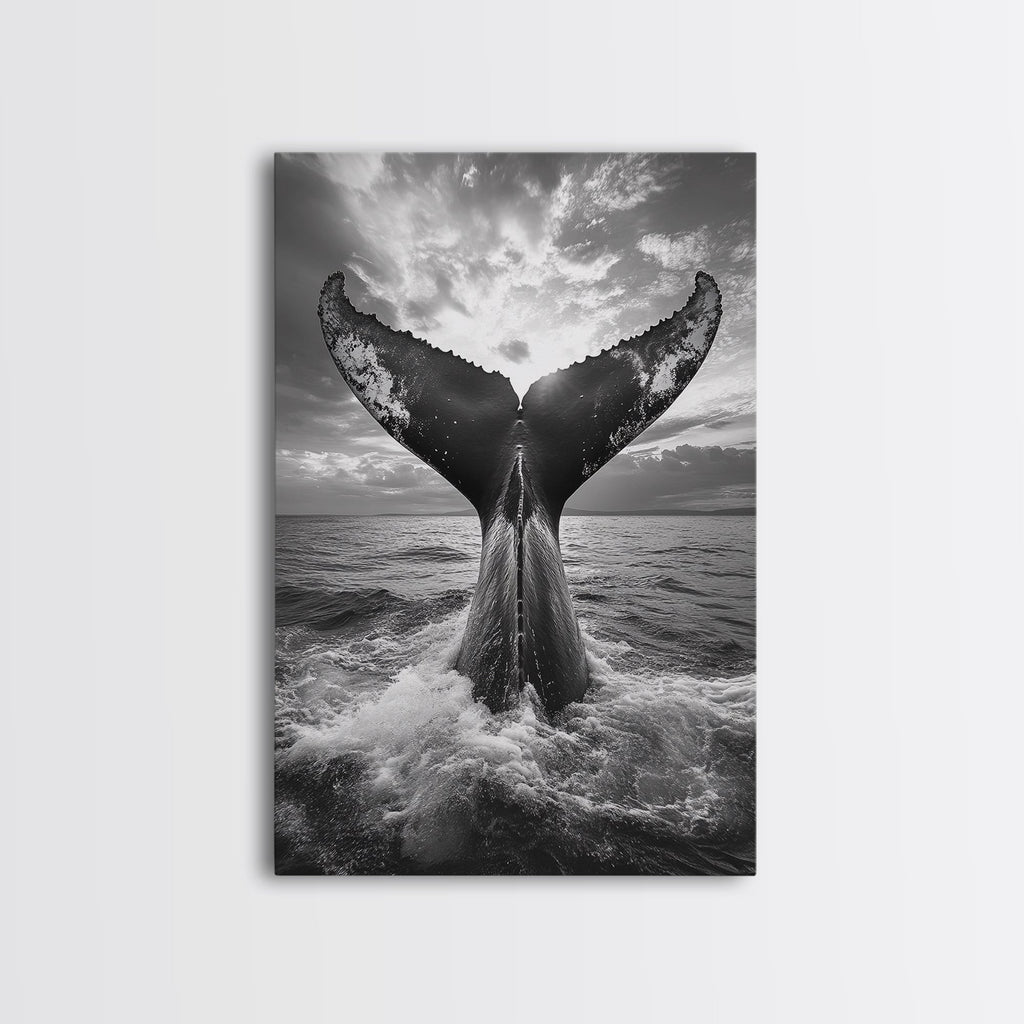 Whale Tail Splash, Ocean Sunset, Marine Majesty, Powerful Moment, Framed Canvas Print, Nautical Art, Coastal Living Room Decor