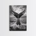 Whale Tail Splash, Ocean Sunset, Marine Majesty, Powerful Moment, Framed Canvas Print, Nautical Art, Coastal Living Room Decor