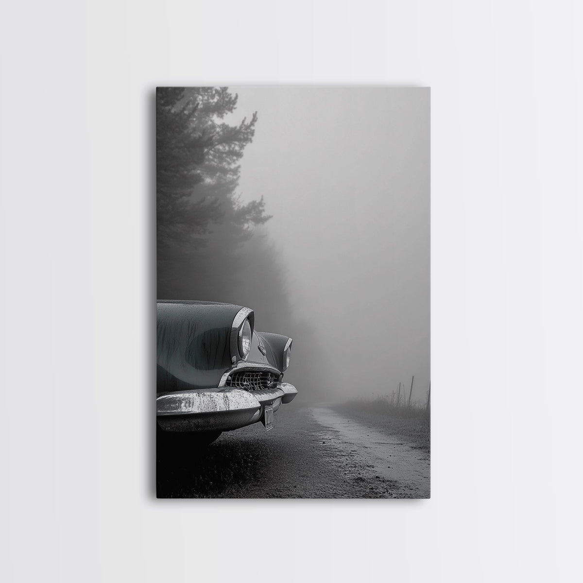 Vintage Car, Foggy Road, Moody Drive Aesthetic, Canvas Print, Industrial Retro Wall Art, Garage Office Decor, Monochrome Travel Art