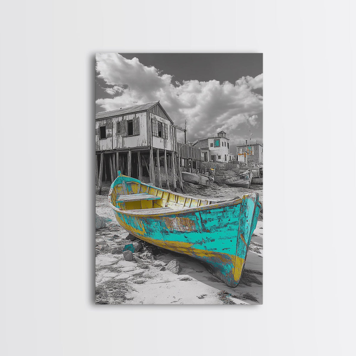 Rustic Boat, Coastal Village, Vintage Shore, Seaside Scene, Framed Canvas Print, Nautical Wall Art, Cottage Decor, Seaside Living