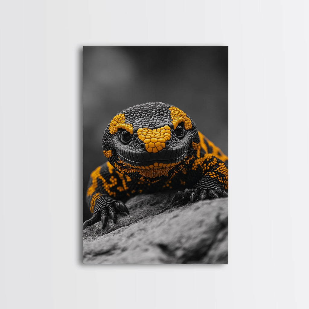Lizard Close Up, Yellow and Black, Reptile Macro, Framed Canvas Print, Nature Photography, Animal Art, Man Cave Wall Art, Wildlife Decor