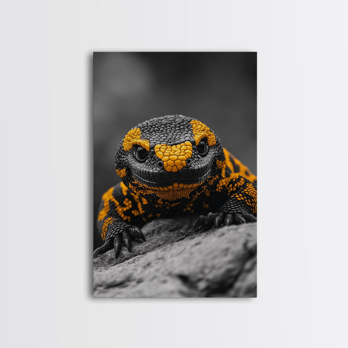 Lizard Close Up, Yellow and Black, Reptile Macro, Framed Canvas Print, Nature Photography, Animal Art, Man Cave Wall Art, Wildlife Decor