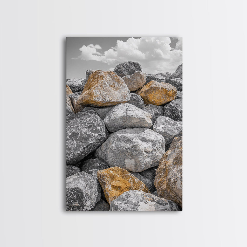 Golden Boulders, Earthy Texture, Nature Stones, Framed Canvas Print, Industrial Office Wall Art, Minimalist Landscape, Rock Photography
