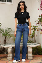 Denim Double Button Straight Leg Jeans