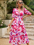 Printed Puff Sleeve Midi Dress