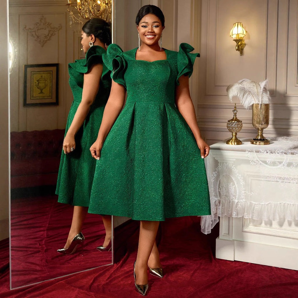 Lotus Leaf Three-dimensional Sleeves A- Hem Slimming Evening Dress