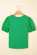 Bright Green Ribbed Pearl Beaded Puff Sleeve Top