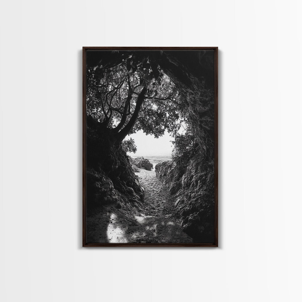 Hidden Beach, Cave Entrance, Secret Shoreline, Natural Light, Canvas Print, Bathroom Wall Decor, Travel Inspired Art, Black And White