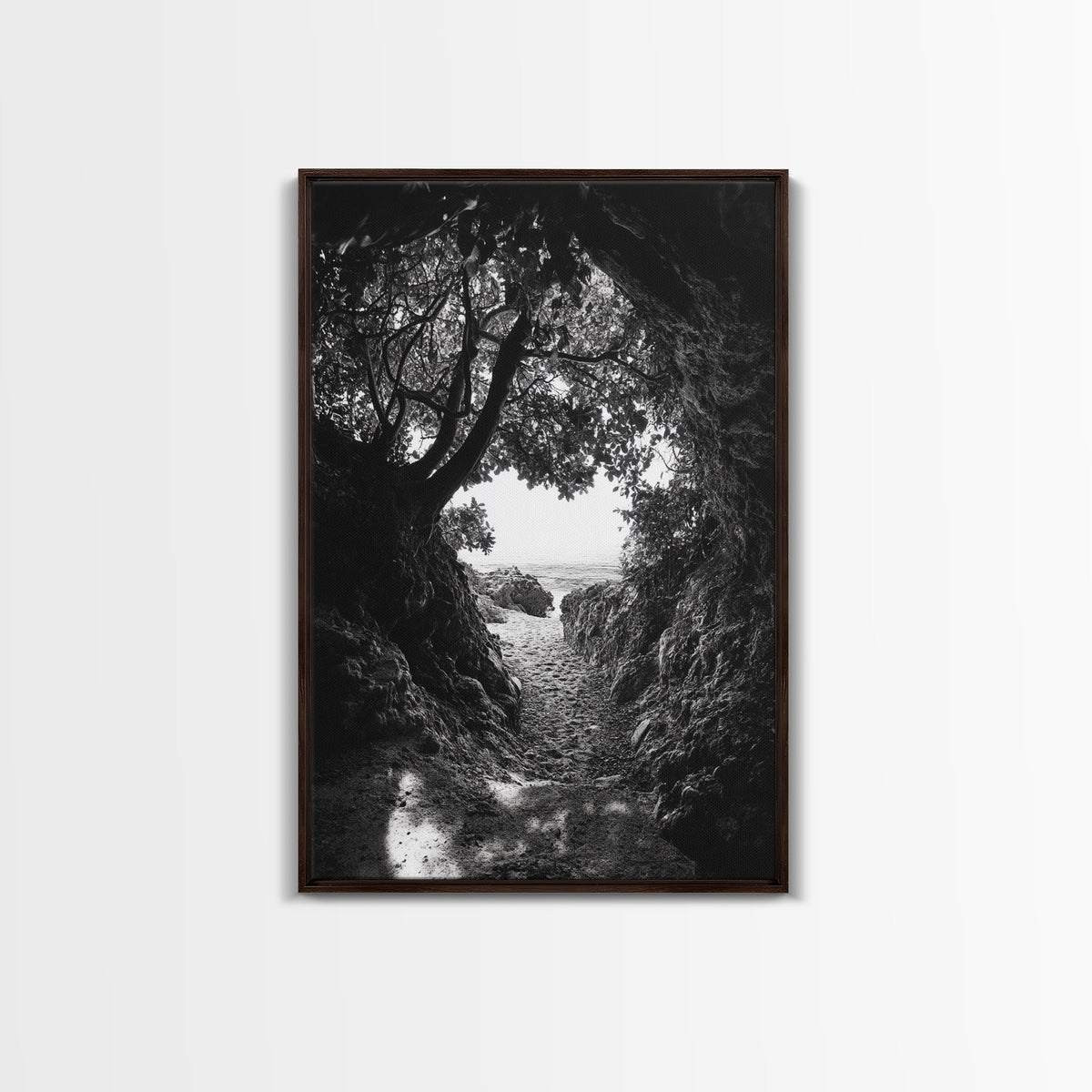 Hidden Beach, Cave Entrance, Secret Shoreline, Natural Light, Canvas Print, Bathroom Wall Decor, Travel Inspired Art, Black And White