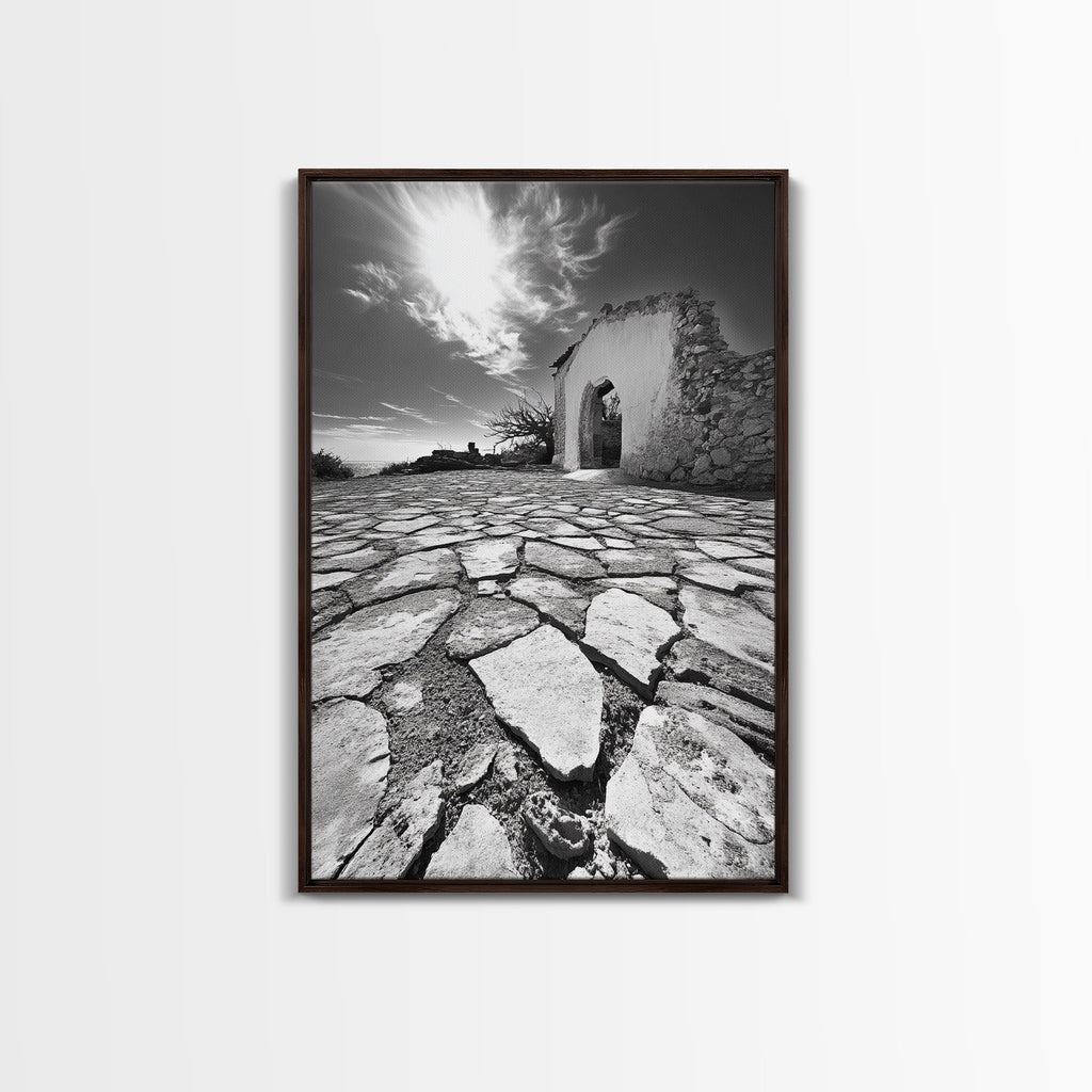 Desert Archway, Stone Ruins, Sunny Sky, Canvas Print, Rustic Travel Wall Art, Mediterranean Decor, Minimalist Earthy Aesthetic