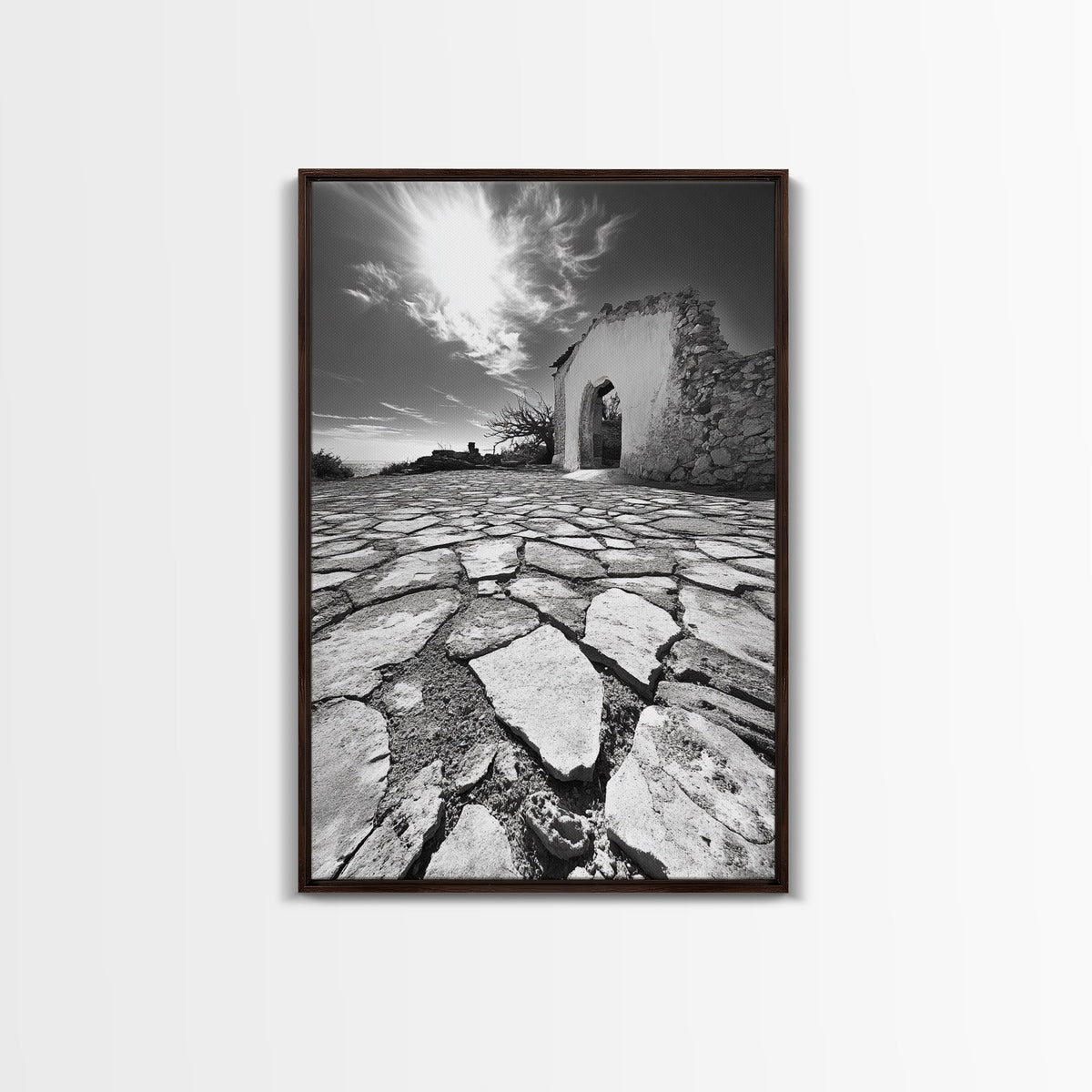 Desert Archway, Stone Ruins, Sunny Sky, Canvas Print, Rustic Travel Wall Art, Mediterranean Decor, Minimalist Earthy Aesthetic