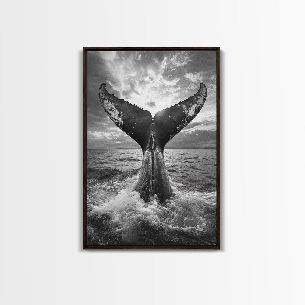 Whale Tail Splash, Ocean Sunset, Marine Majesty, Powerful Moment, Framed Canvas Print, Nautical Art, Coastal Living Room Decor